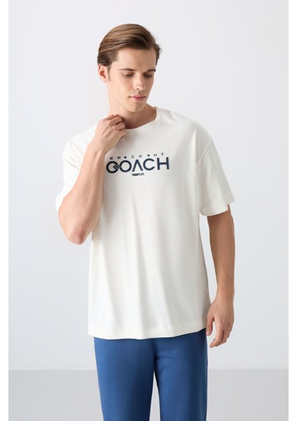 Ekru Pamuklu Kalın Yumuşak Dokulu Oversize Fit Baskılı Erkek T-Shirt - 88329