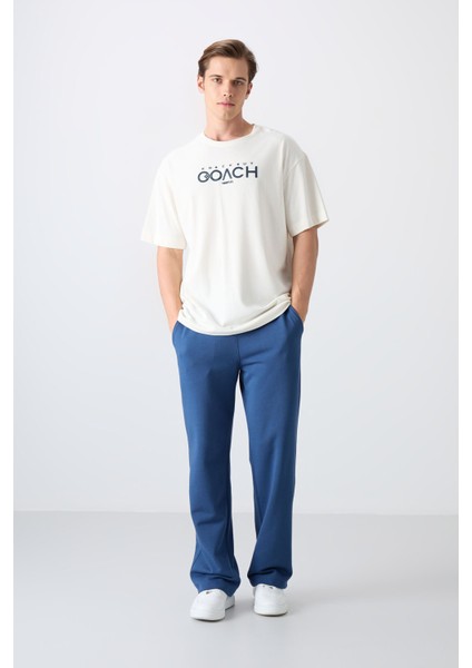Ekru Pamuklu Kalın Yumuşak Dokulu Oversize Fit Baskılı Erkek T-Shirt - 88329 fiyatları