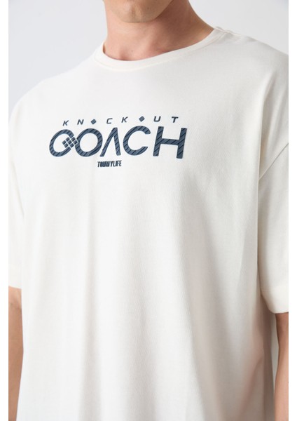Ekru Pamuklu Kalın Yumuşak Dokulu Oversize Fit Baskılı Erkek T-Shirt - 88329 modelleri