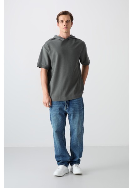 Haki Pamuklu Kalın Yüzeyi Dokulu Oversize Fit Basic Erkek T-Shirt - 88335 fiyatları