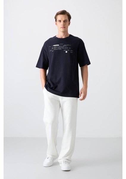 Lacivert Pamuklu Kalın Yumuşak Dokulu Oversize Fit Baskılı Erkek T-Shirt - 88326 fiyatları