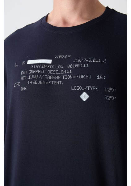 Lacivert Pamuklu Kalın Yumuşak Dokulu Oversize Fit Baskılı Erkek T-Shirt - 88326 modelleri