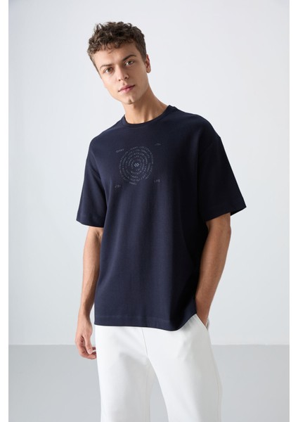 Lacivert Pamuklu Kalın Yumuşak Dokulu Oversize Fit Baskılı Erkek T-Shirt - 88324