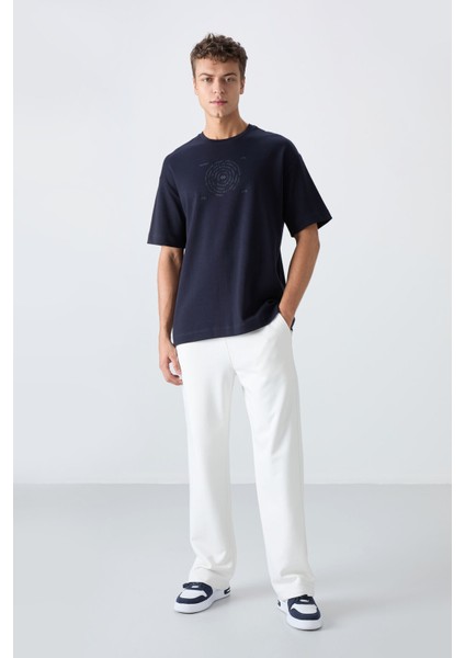 Lacivert Pamuklu Kalın Yumuşak Dokulu Oversize Fit Baskılı Erkek T-Shirt - 88324 fiyatları