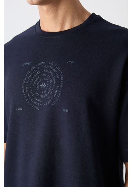 Lacivert Pamuklu Kalın Yumuşak Dokulu Oversize Fit Baskılı Erkek T-Shirt - 88324 modelleri
