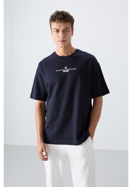 Lacivert Pamuklu Kalın Yumuşak Dokulu Oversize Fit Baskılı Erkek T-Shirt - 88321