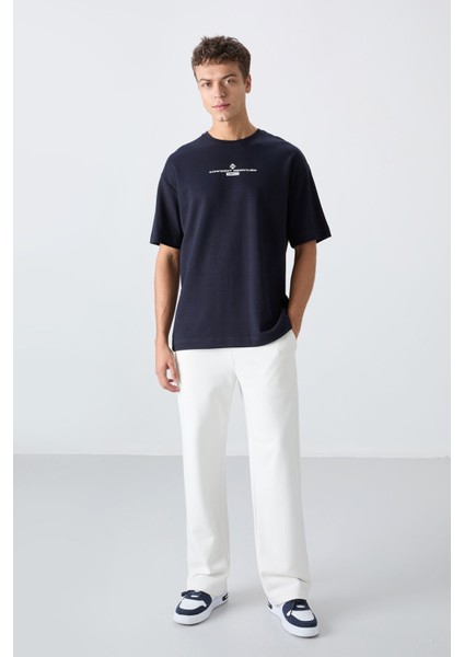 Lacivert Pamuklu Kalın Yumuşak Dokulu Oversize Fit Baskılı Erkek T-Shirt - 88321 modelleri