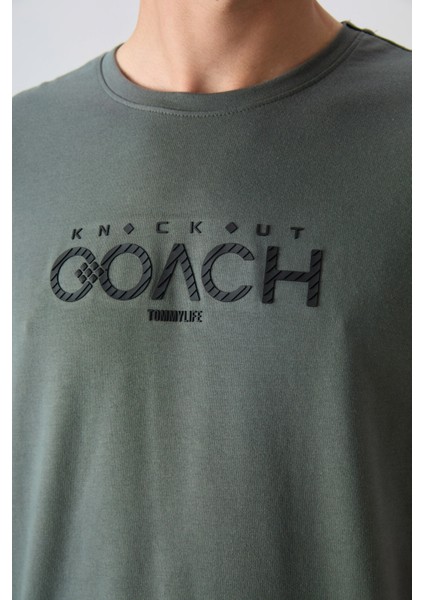 Haki Pamuklu Kalın Yumuşak Dokulu Oversize Fit Baskılı Erkek T-Shirt - 88329 modelleri