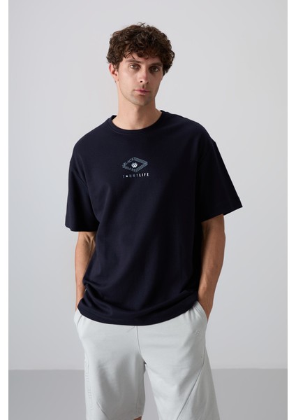Lacivert Pamuklu Kalın Yumuşak Dokulu Oversize Fit Baskılı Erkek T-Shirt - 88325