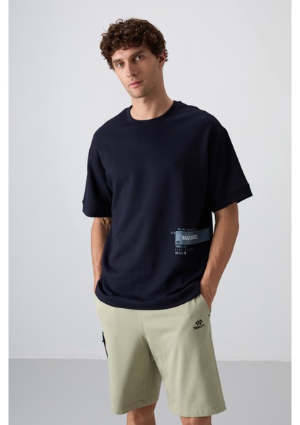 Lacivert Pamuklu Kalın Yumuşak Dokulu Oversize Fit Baskılı Erkek T-Shirt - 88322