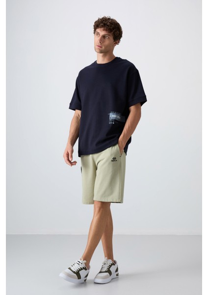 Lacivert Pamuklu Kalın Yumuşak Dokulu Oversize Fit Baskılı Erkek T-Shirt - 88322 fiyatları