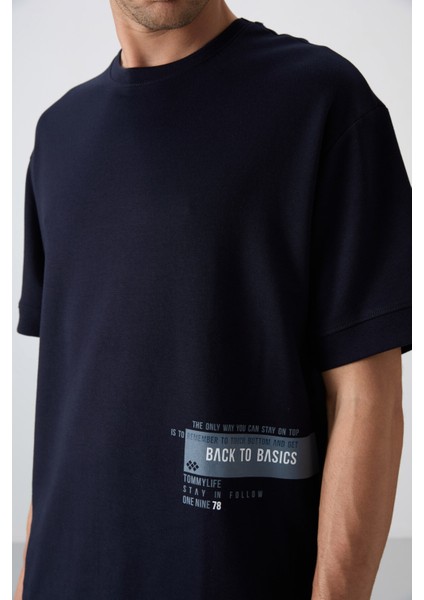 Lacivert Pamuklu Kalın Yumuşak Dokulu Oversize Fit Baskılı Erkek T-Shirt - 88322 modelleri