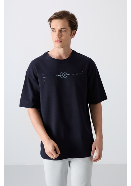 Lacivert Pamuklu Kalın Yumuşak Dokulu Oversize Fit Baskılı Erkek T-Shirt - 88323