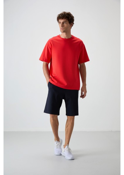 Fiesta - Lacivert Pamuklu Kalın Yumuşak Dokulu Oversize Fit Basic Erkek Şort Takım - 85249