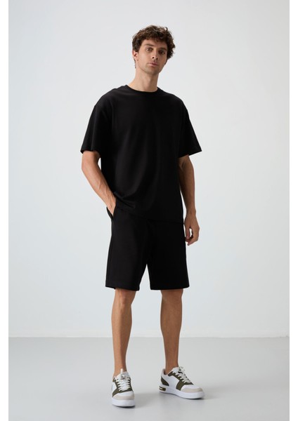 Siyah Pamuklu Kalın Yumuşak Dokulu Oversize Fit Basic Erkek Şort Takım - 85249