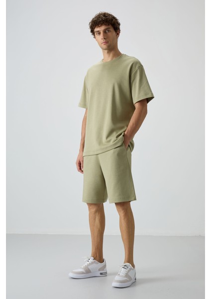 Açık Çağla Pamuklu Kalın Yumuşak Dokulu Oversize Fit Basic Erkek Şort Takım - 85249