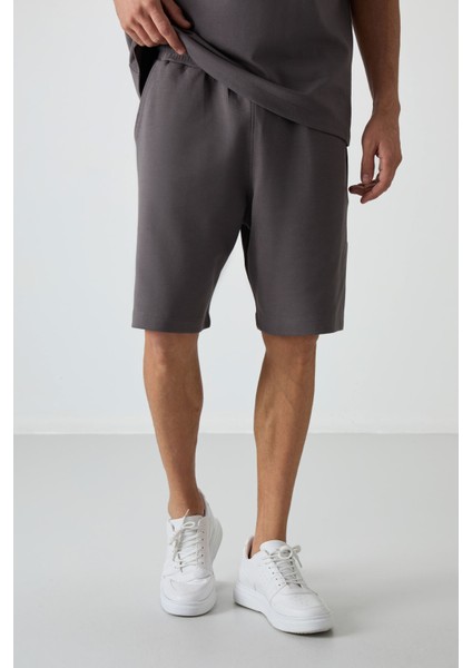 Koyu Gri Pamuklu Kalın Yumuşak Dokulu Oversize Fit Basic Erkek Şort Takım - 85249 modelleri
