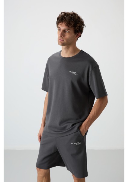 Haki Pamuklu Kalın Yumuşak Dokulu Oversize Fit Nakışlı Erkek Şort Takım - 85250 modelleri