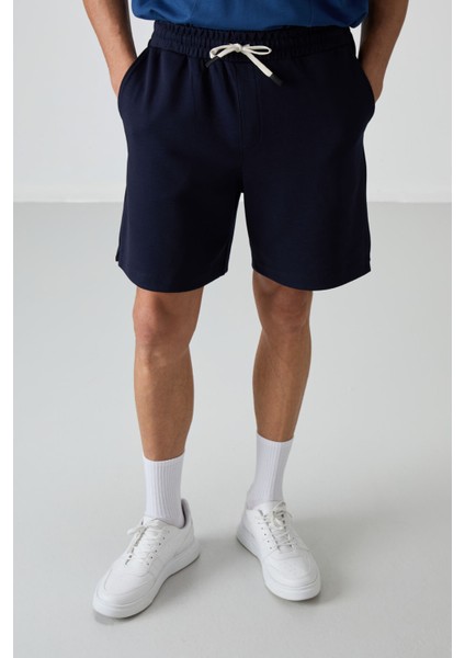 Lacivert Pamuklu Kalın Yumuşak Dokulu Comfort Fit Basic Erkek Şort - 81274