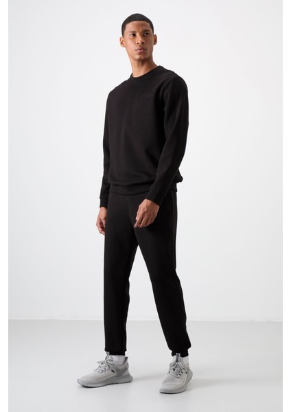 Siyah - Siyah Pamuklu Kalın Yumuşak Dokulu Comfort Fit Nakışlı Erkek Eşofman Takım - 85254 fırsatları