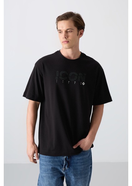 Siyah Pamuklu Kalın Yumuşak Dokulu Oversize Fit Baskılı Erkek T-Shirt - 88331