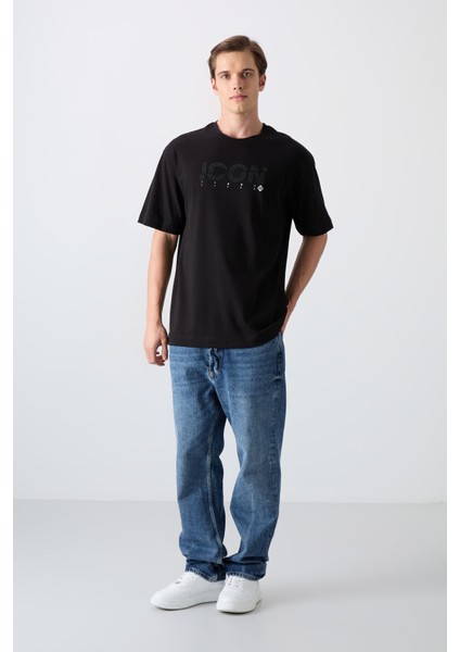 Siyah Pamuklu Kalın Yumuşak Dokulu Oversize Fit Baskılı Erkek T-Shirt - 88331 fiyatları