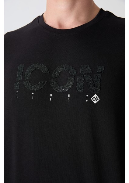 Siyah Pamuklu Kalın Yumuşak Dokulu Oversize Fit Baskılı Erkek T-Shirt - 88331 modelleri