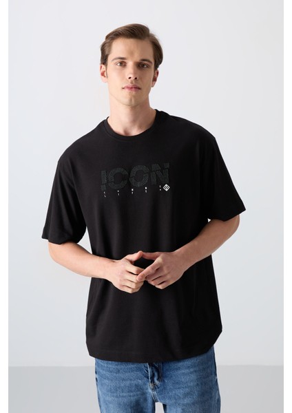 Siyah Pamuklu Kalın Yumuşak Dokulu Oversize Fit Baskılı Erkek T-Shirt - 88331 fırsatları