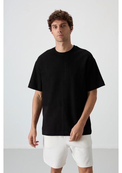Siyah Pamuklu Kalın Yüzeyi Dokulu Oversize Fit Basic Erkek T-Shirt - 88337