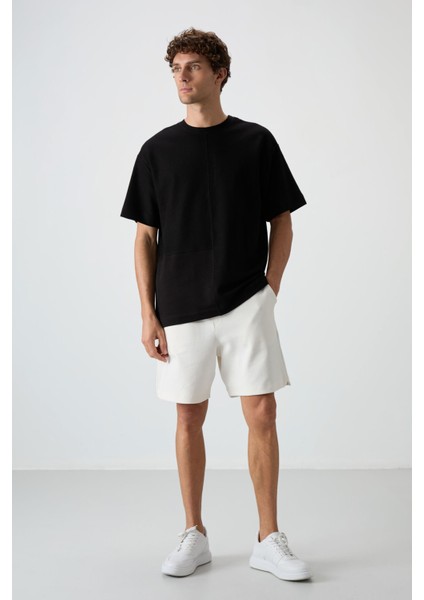 Siyah Pamuklu Kalın Yüzeyi Dokulu Oversize Fit Basic Erkek T-Shirt - 88337 fiyatları