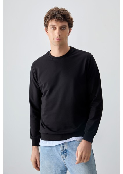 Siyah Pamuk Yumuşak Dokulu Standart Fit Basic Erkek Sweatshirt - 88363