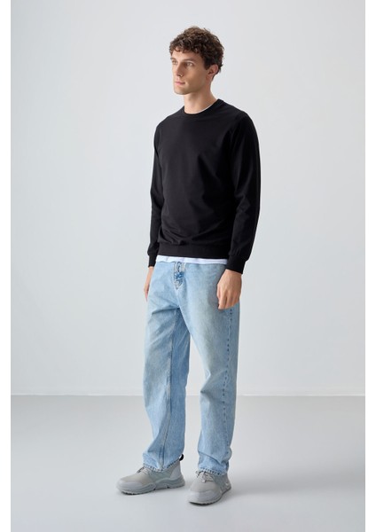 Siyah Pamuk Yumuşak Dokulu Standart Fit Basic Erkek Sweatshirt - 88363 fiyatları