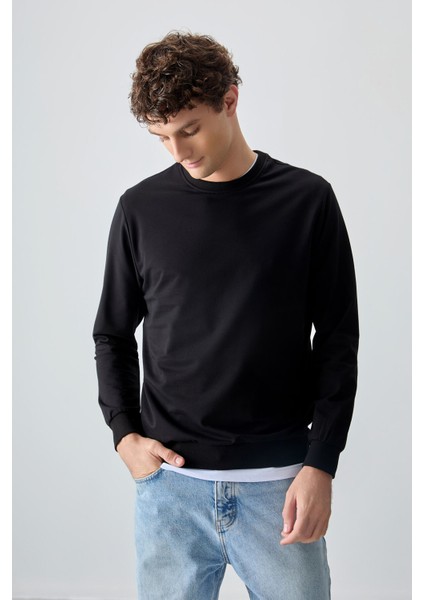 Siyah Pamuk Yumuşak Dokulu Standart Fit Basic Erkek Sweatshirt - 88363 fırsatları
