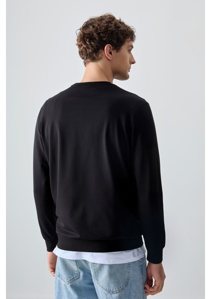 Siyah Pamuk Yumuşak Dokulu Standart Fit Basic Erkek Sweatshirt - 88363 indirimleri