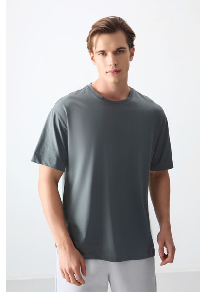 Haki %100 Pamuk Kalın Yumuşak Dokulu Oversize Fit Basic Erkek T-Shirt - 88353