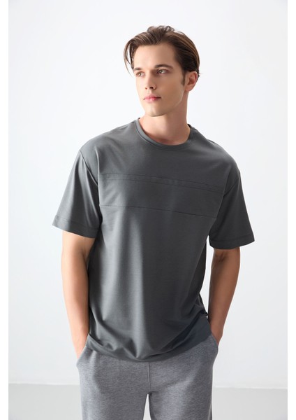 Haki Pamuklu Kalın Yumuşak Dokulu Oversize Fit Basic Erkek T-Shirt - 88378