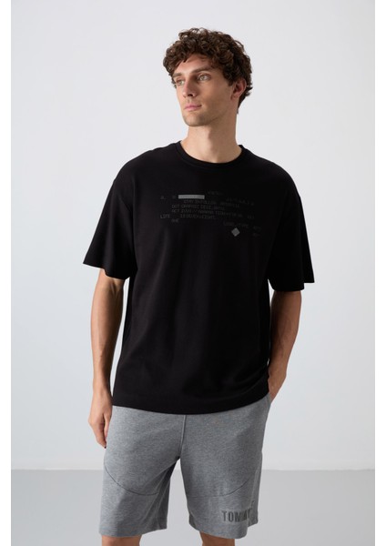 Siyah Pamuklu Kalın Yumuşak Dokulu Oversize Fit Baskılı Erkek T-Shirt - 88326