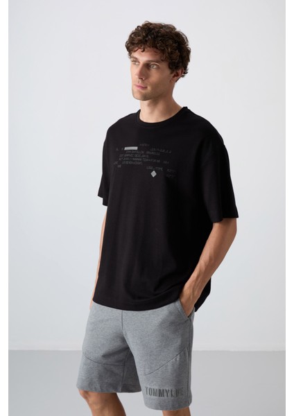 Siyah Pamuklu Kalın Yumuşak Dokulu Oversize Fit Baskılı Erkek T-Shirt - 88326 modelleri
