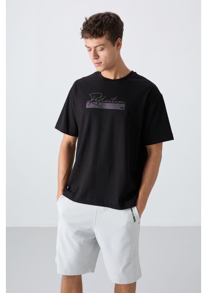 Siyah Pamuklu Kalın Yumuşak Dokulu Oversize Fit Baskılı Erkek T-Shirt - 88334