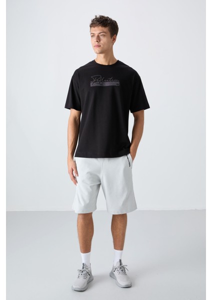 Siyah Pamuklu Kalın Yumuşak Dokulu Oversize Fit Baskılı Erkek T-Shirt - 88334 fiyatları