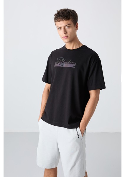 Siyah Pamuklu Kalın Yumuşak Dokulu Oversize Fit Baskılı Erkek T-Shirt - 88334 fırsatları