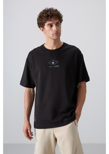 Siyah Pamuklu Kalın Yumuşak Dokulu Oversize Fit Baskılı Erkek T-Shirt - 88325