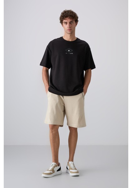 Siyah Pamuklu Kalın Yumuşak Dokulu Oversize Fit Baskılı Erkek T-Shirt - 88325 modelleri
