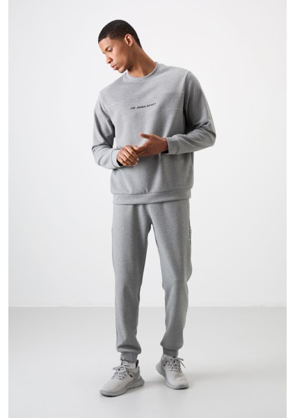 Gri Melanj Pamuklu Kalın Yumuşak Dokulu Comfort Fit Baskılı Erkek Eşofman Takım - 85253 modelleri