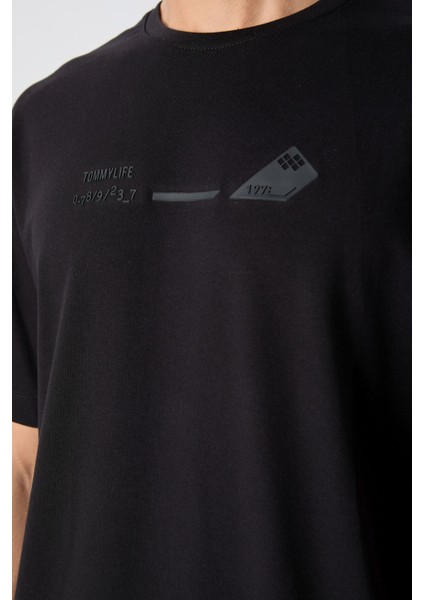 Siyah Pamuklu Kalın Yumuşak Dokulu Oversize Fit Baskılı Erkek T-Shirt - 88330 modelleri