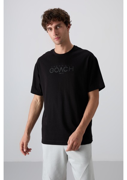 Siyah Pamuklu Kalın Yumuşak Dokulu Oversize Fit Baskılı Erkek T-Shirt - 88329