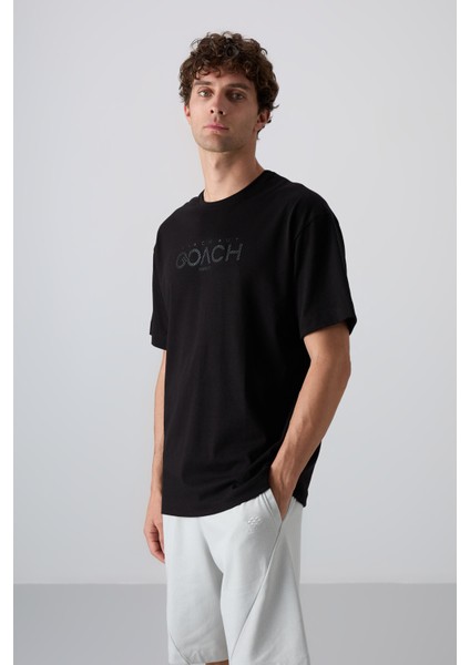 Siyah Pamuklu Kalın Yumuşak Dokulu Oversize Fit Baskılı Erkek T-Shirt - 88329 fiyatları