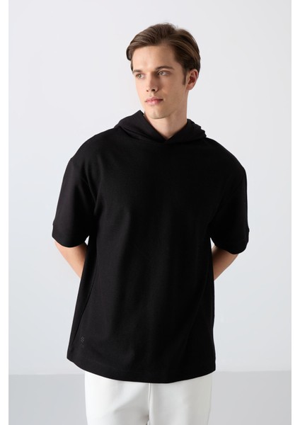 Siyah Pamuklu Kalın Yüzeyi Dokulu Oversize Fit Basic Erkek T-Shirt - 88335