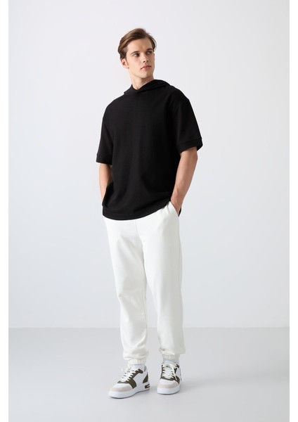 Siyah Pamuklu Kalın Yüzeyi Dokulu Oversize Fit Basic Erkek T-Shirt - 88335 fiyatları