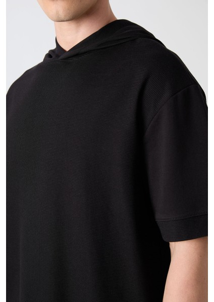 Siyah Pamuklu Kalın Yüzeyi Dokulu Oversize Fit Basic Erkek T-Shirt - 88335 modelleri